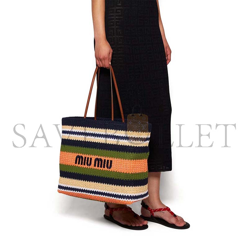 MIU MIU TESSUTO STRIPED WOVEN FABRIC TOTE BAG BLUE AND IVY 5BG228 (40*34*16cm)
